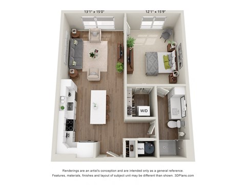 Floor plan for 1 bed, 1 bath, 746 sqft